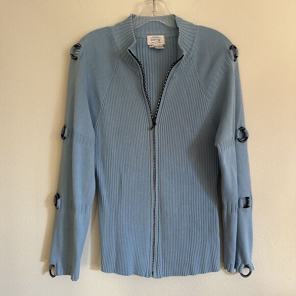 Just B Crystal Grommet Ribbed Zip Cardigan Sweater M Baby Blue E-Girl Y2K - Picture 3 of 12